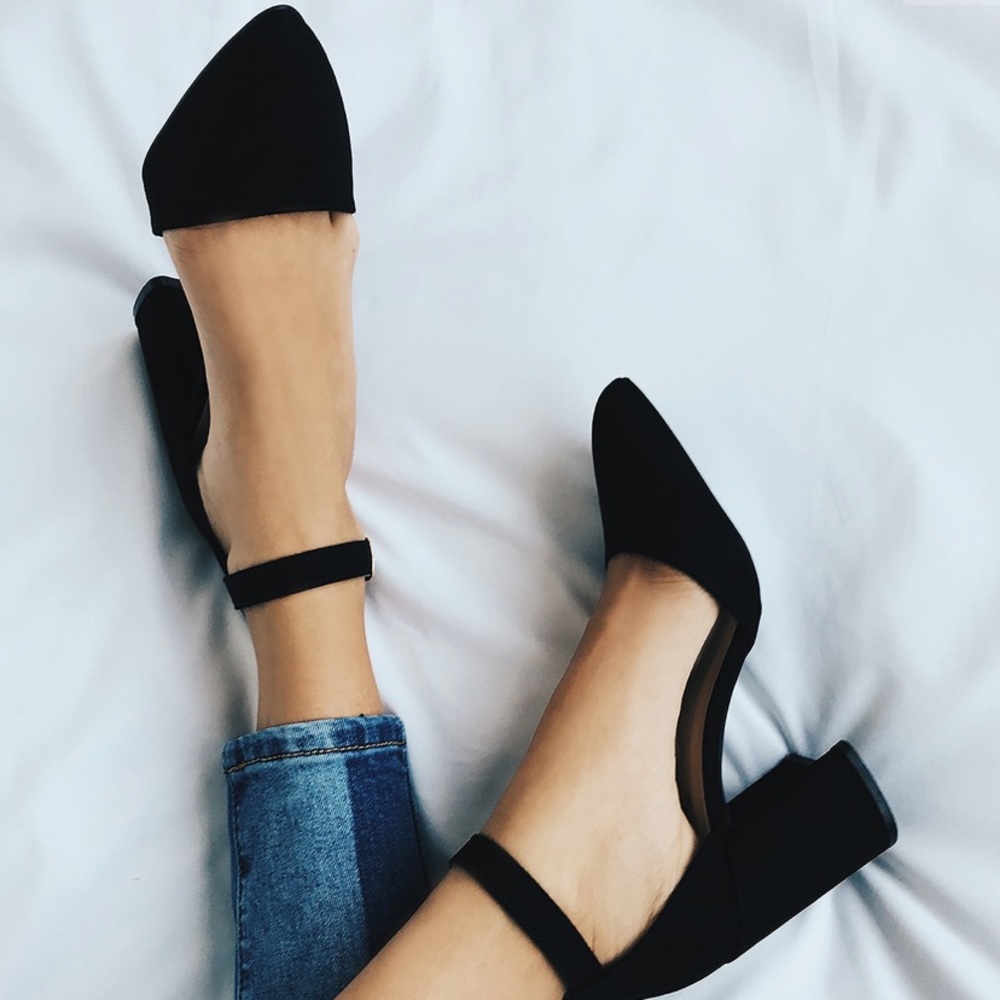 Ellarose Black suede ankle strap heels